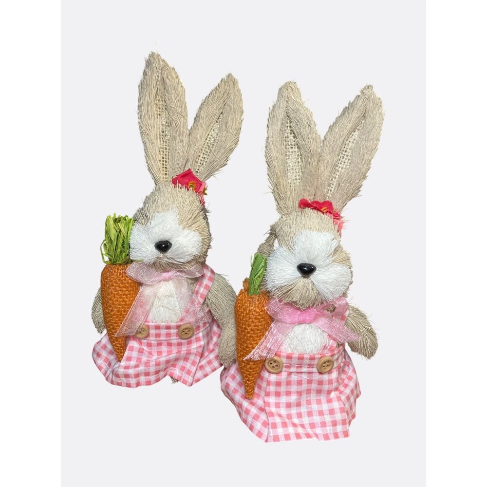 Straw Bunny Figurines In Pink Gingham Dresses With Carrots Set of 2